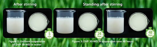 Figure 2: DVP 30-WD in water after stirring and Fig. 3: DVP 30-WD standing after stirring